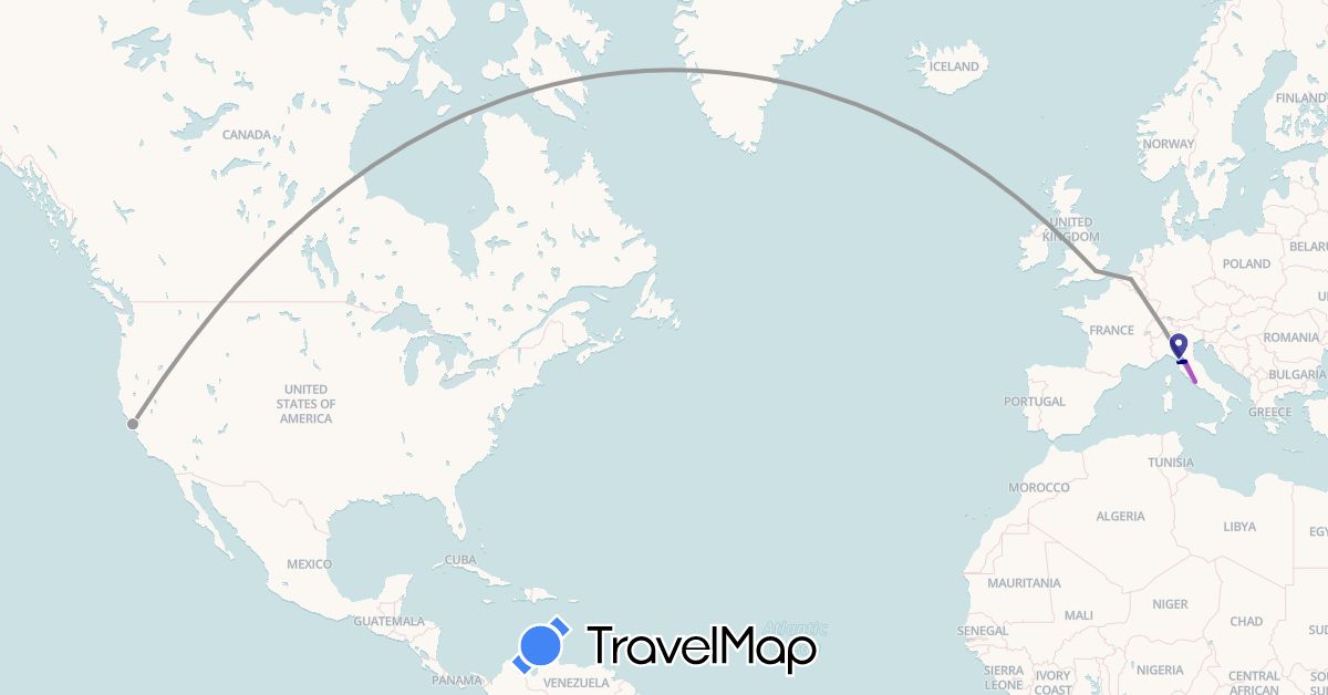 TravelMap itinerary: driving, plane, train in Belgium, United Kingdom, Italy, United States (Europe, North America)
